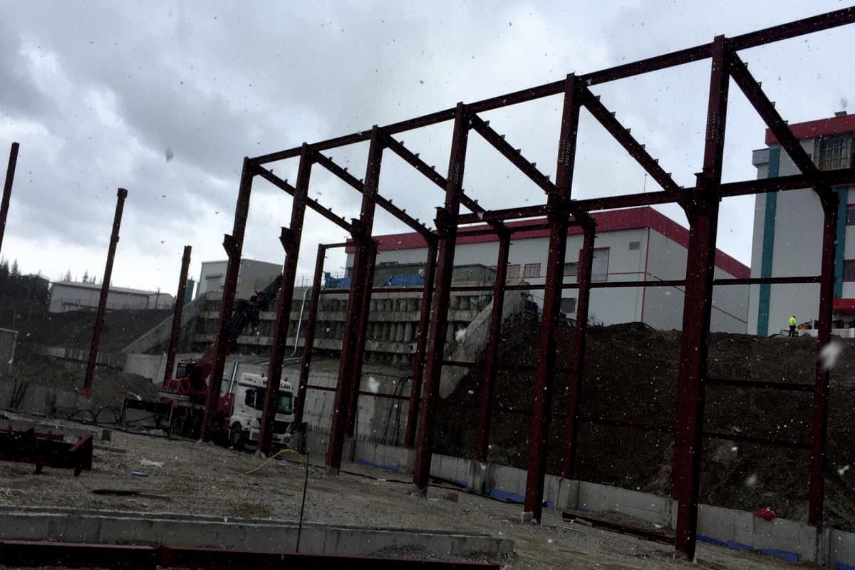 Steel frames under erection, side view