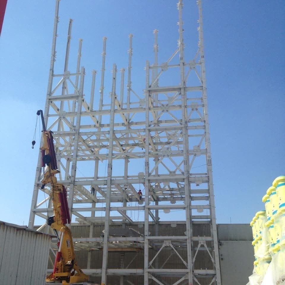 Columns and beams of the steel silo tower during erection