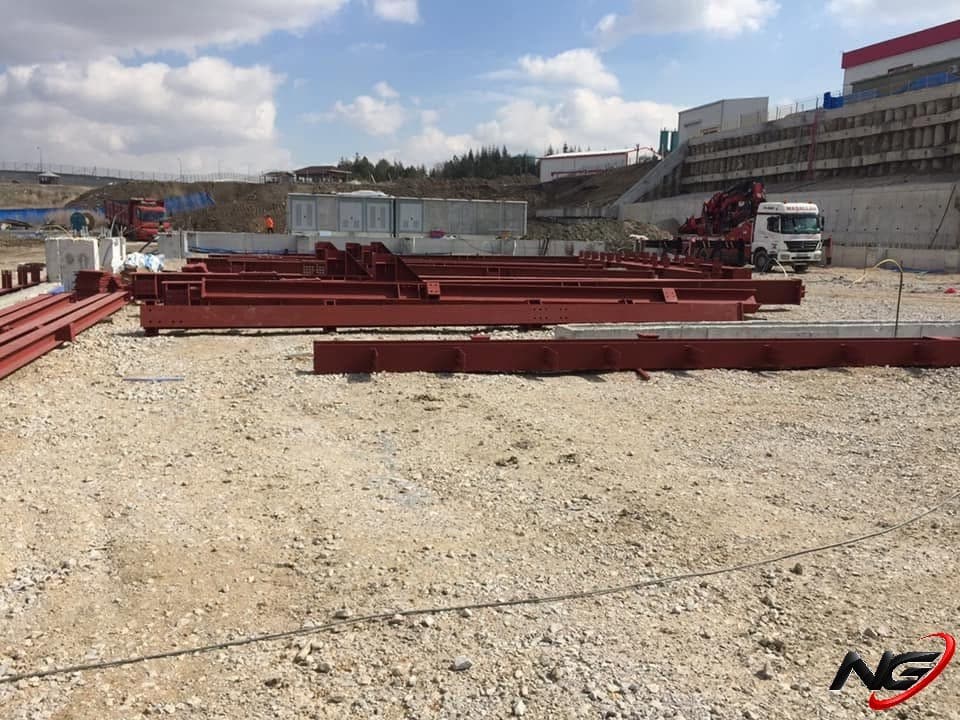 Steel beams on site, ready for erection