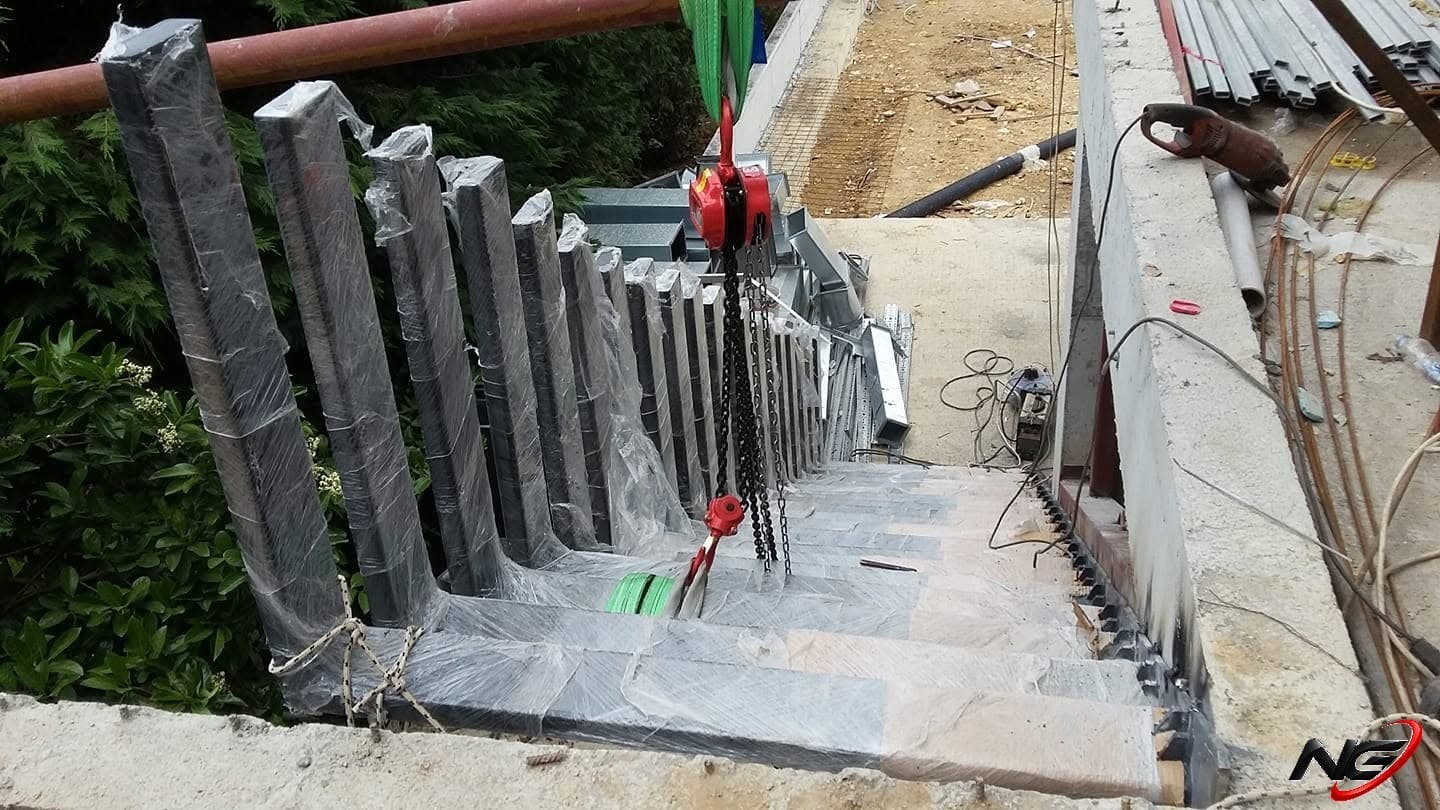 Steel columns laid out on site
